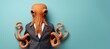 Friendly anthropomorphic octopus in formal business suit working in corporate studio with copy space