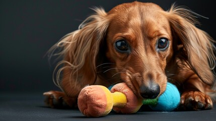 Wall Mural - dog chewing a colorful toy