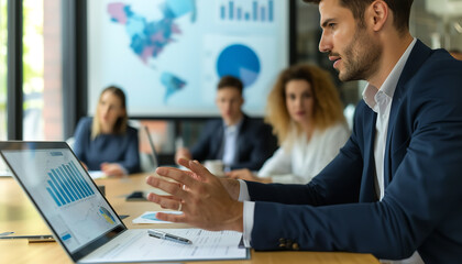 Poster - A focused businessman is presenting a quarterly report during a team meeting - using a projector for visual aids - wide format