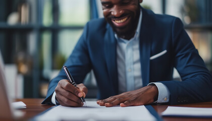 Poster - A businessman is signing a contract with a satisfied smile - sealing a successful business deal at his desk - wide format