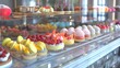 Visualize a high-end pastry shop with an elegant display case filled with an assortment of gourmet pastries, including delicate macarons in pastel colors, eclairs with glossy chocolate glaze