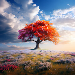 Canvas Print - A lone tree in a field of blooming flowers.