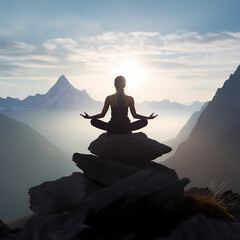 Poster - A person practicing yoga on a mountain peak. 