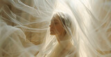 Fototapeta Mapy - Bride, elegant white wedding dress, veil, castlebackground, soft sunlight, ethereal beauty