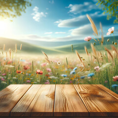 Wall Mural - Empty wooden table top with blurred nature background. Meadow with flowers, blue sky in calm sunny day