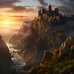 Wall Mural - Ancient castle on a rocky cliff at sunrise.