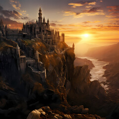 Wall Mural - Ancient castle on a rocky cliff at sunrise.