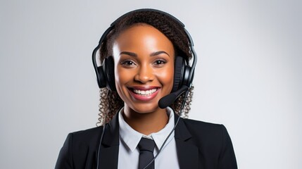 Wall Mural - Close-up of a happy smiling African American woman dispatcher wearing a stylish black suit and jacket, with headphones and microphone on a white background.