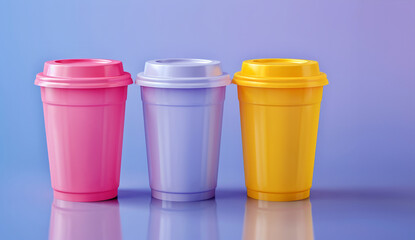 Poster - three colored plastic colored cups with lid, color background, hyper realistic. Multi-colored plastic cups with a lid on a colorful bright background. Plastic recycling. Pastel purple background.