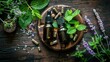 Herbal medicine capsules made from herb leaves on rustic wooden table background