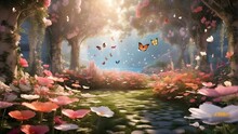 A Hidden Enchanted Garden Tucked Away In A Secret Grove, Filled With Blooming Flowers Of Vivid Colors And Delicate Butterflies Fluttering Amidst Floating Petals. Soft, Ethereal Light Filters Through T