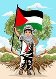 Fototapeta Dinusie - Child from Gaza, little Boy with Keffiyeh and holding a Palestinian Flag symbol of freedom illustration 