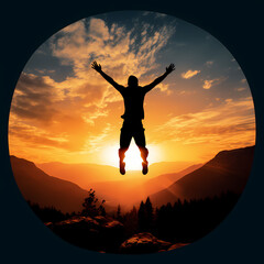 Sticker - Silhouette of a person jumping in joy on a mountain