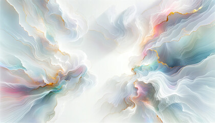 Abstract fluid flowing art by alcohol ink white tone with iridescent hues and gold with copy space text. For banner, background in concept luxury, dreamy, heaven.