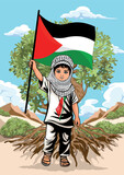 Fototapeta Dinusie - Child from Gaza, little Boy with Keffiyeh and holding a Palestinian Flag symbol of freedom Vector illustration isolated on White