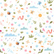 Seamless pattern featuring cute insects and diverse flowers on a white background. Ideal for children s fabrics and decor