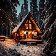 Wall Mural - A cozy winter cabin in a snowy forest.