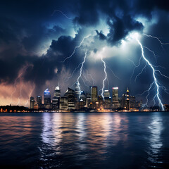 Wall Mural - A dramatic lightning storm over a city skyline.