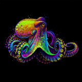 Fototapeta Konie - Abstract, neon, multicolored portrait of an octopus  on a black background.