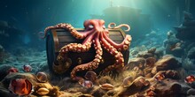 Octopus With Treasure Chest And Gold Coins Rests On Ocean Floor. Concept Seaside Adventure, Underwater Exploration, Mythical Creatures, Ocean Treasures, Marine Life Discovery