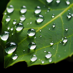 Sticker - A macro shot of water droplets on a leaf.