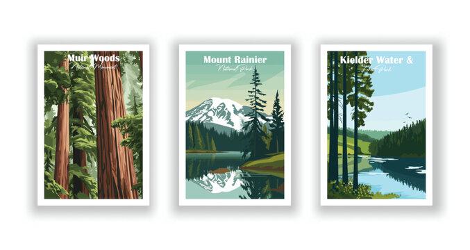 Kielder Water & Forest Park. Mount Rainier National Park. Muir Woods, National Monument - Vintage travel poster. Vector illustration. High quality prints