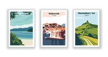 Dubrovnik, Croatia. Fitzroy Island, Australia. Glastonbury Tor, England - Vintage Travel Poster. Vector Illustration. High Quality Prints