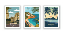 Harrogate, England. Honolulu, Hawaii. Ibiza, Spain - Vintage Travel Poster. Vector Illustration. High Quality Prints