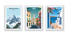 Mount Everest, Asia. Mykonos, Greece. Naples, Florida - Vintage Travel Poster. Vector Illustration. High Quality Prints