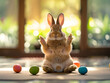 Un lapin en pose yoga avec des oeufs de pâques