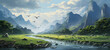 © Heni - in the middle of two mountains there is a flowing river, flying birds and yellowing rice, ai generative