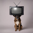 Hund mit Fernsehgerät auf dem Kopf