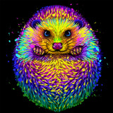 Fototapeta Konie - Abstract, multicolored image of a hedgehog in watercolor style on a black background.