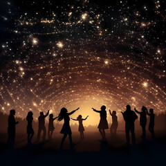 Sticker - Silhouettes of people dancing under a starry sky.