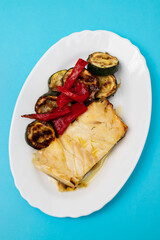 Sticker - Fish dish - fried cod fish with grilled vegetables in plate