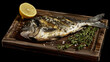 Close-up of grilled dorado fish with lemon and herbs on wooden platter, ideal for culinary themes.