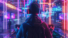 Illustrate A Stylized Scene With A Gamer Holding A Joystick Surrounded By Glowing Neon Lights In A Cyberpunk Inspired Environment