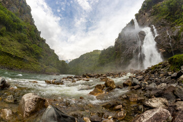 Wall Mural - Jang falls also known as nuranang falls or bong bong falls some 100 metres high waterfall it falls into nuranang river and engulfed by mountains in tawang district Arunachal Pradesh state of India.