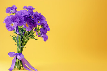 Wall Mural - bunch of purple flowers with a bow tied on yellow bac