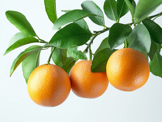 Wall Mural - Fresh orange fruit hanging on a tree branch with green leaves isolated on a white background in a minimalist style. 