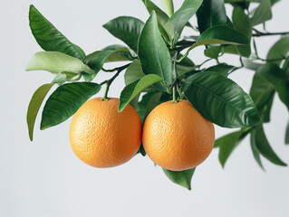 Wall Mural - Fresh orange fruit hanging on a tree branch with green leaves isolated on a white background in a minimalist style. 