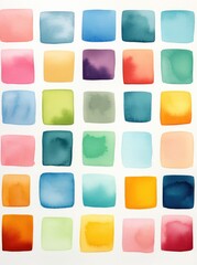 Poster - A watercolor painting featuring squares of various colors arranged in a modern and vibrant pattern, suitable for printable wall art.