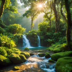 Wall Mural - Waterfall in tropical rainforest at sunset. Nature landscape background.