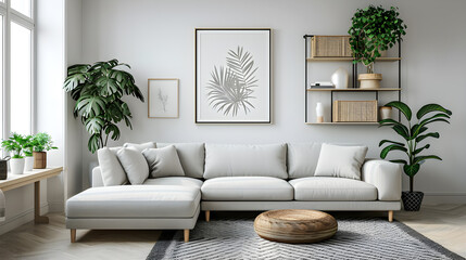 Wall Mural - Modern elements of living room interior design, corner sofas and personal items Classic Scandinavian style