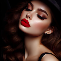 Wall Mural - A close-up of a stylish girl with red lipstick, donning a black hat, exuding glamour against a dark background