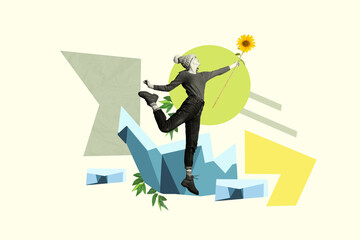 Poster - Collage image of overjoyed black white effect girl jumping arm hold sunflower isolated on creative drawing background