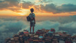 A pupil stands atop a hill of books, gazing toward the horizon. Ai generative illustration