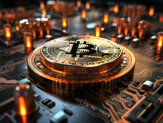 Poster - Bitcoin on a motherboard highlighting the concept of cryptocurrency. Digital economy concept. Generative AI