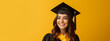 A European woman in graduation attire, looking happy and successful against a yellow background. Ai generative illustration