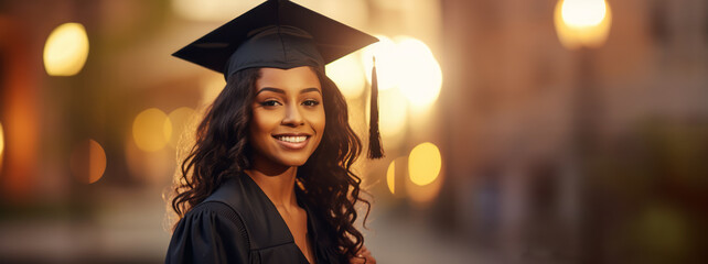 Happy African woman in black graduation gown represents education success concept. Ai generative illustration